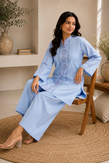 Sky Blue Rayon Embroidered Button-Down Kurta