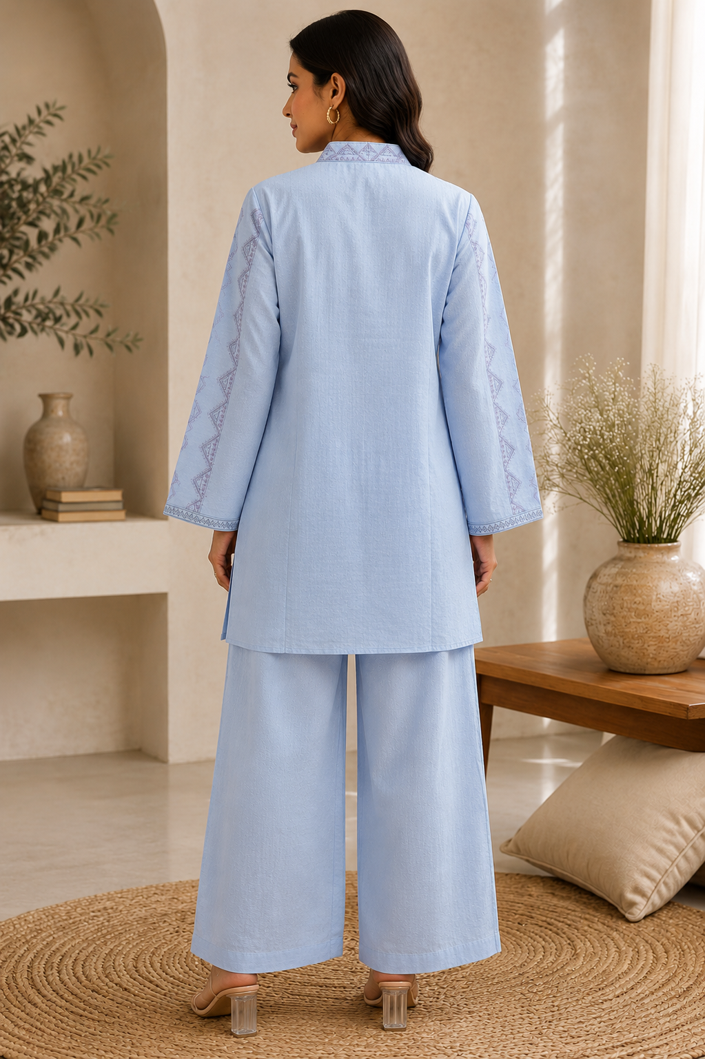 Sky Blue Rayon Embroidered Button-Down Kurta