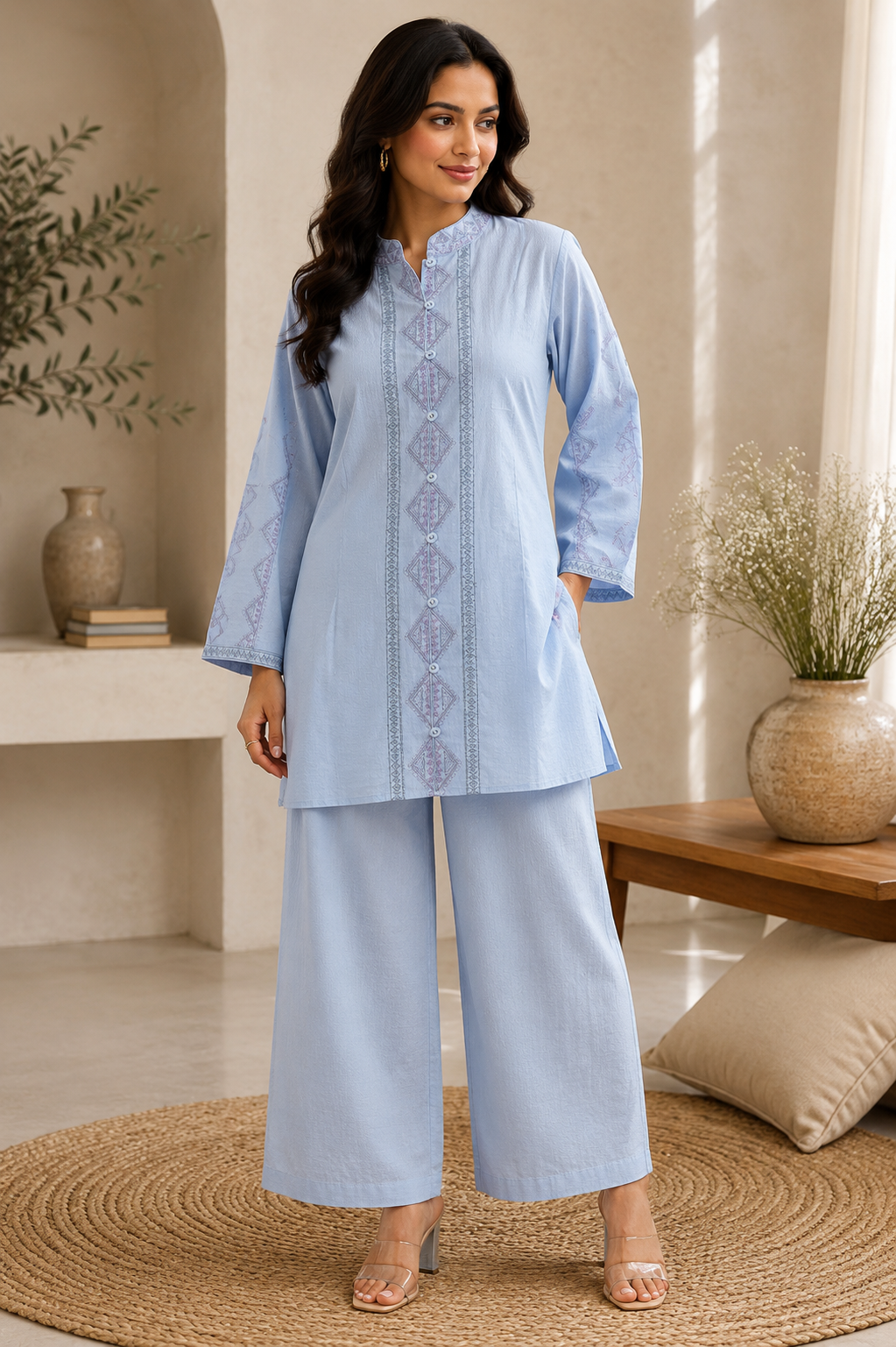 Sky Blue Rayon Embroidered Button-Down Kurta