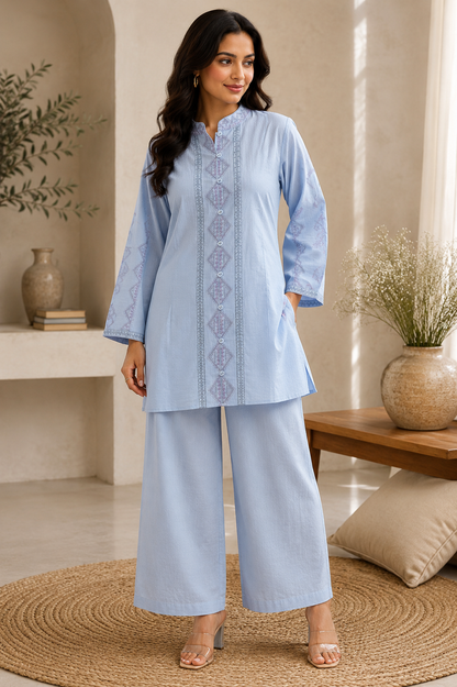 Sky Blue Rayon Embroidered Button-Down Kurta