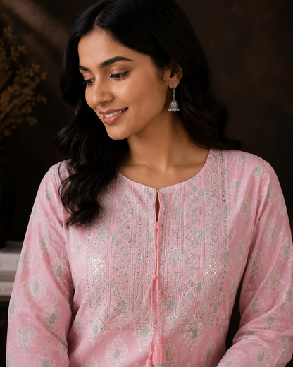 Blush Pink Rayon Embroidered Straight Kurta