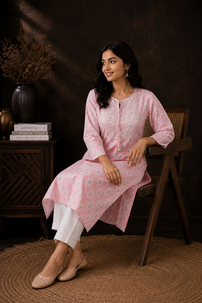 Blush Pink Rayon Embroidered Straight Kurta
