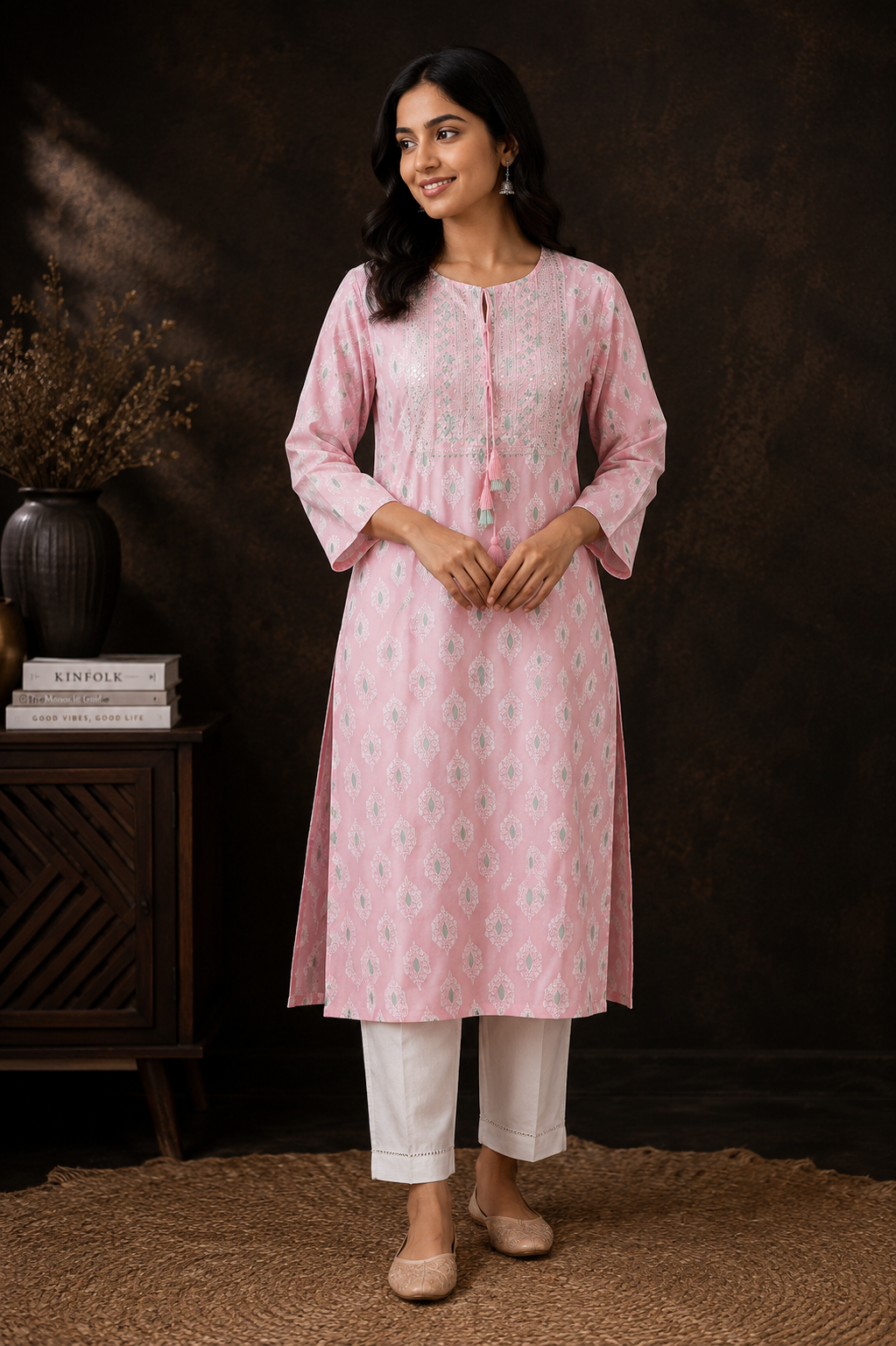 Blush Pink Rayon Embroidered Straight Kurta