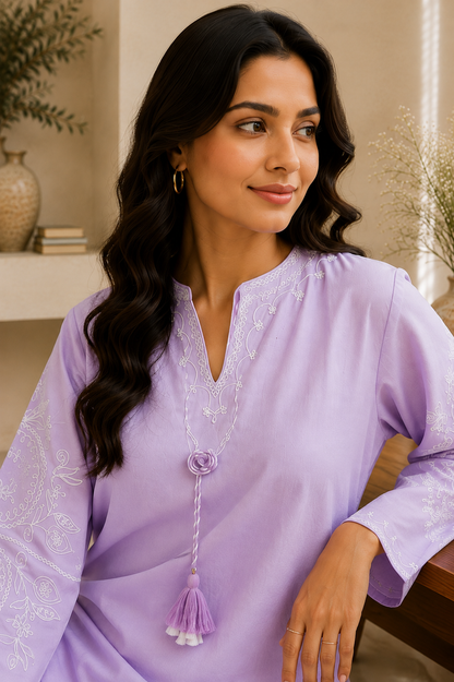 Lavender Bloom Rayon Embroidered Flared Kurta