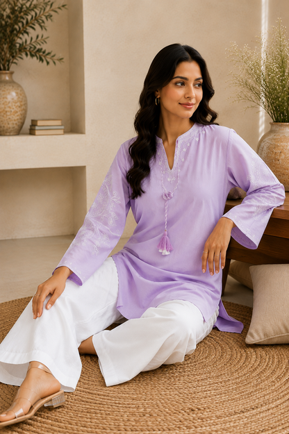 Lavender Bloom Rayon Embroidered Flared Kurta