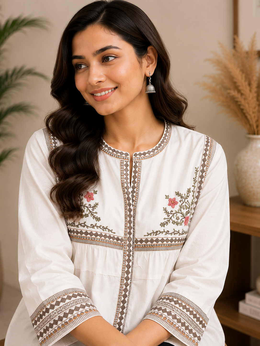 Ivory Floral Embroidered Rayon Flared Kurta