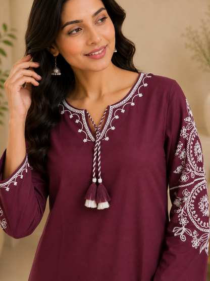 Wine Bloom Rayon Embroidered Flared Kurta