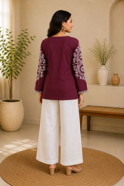 Wine Bloom Rayon Embroidered Flared Kurta