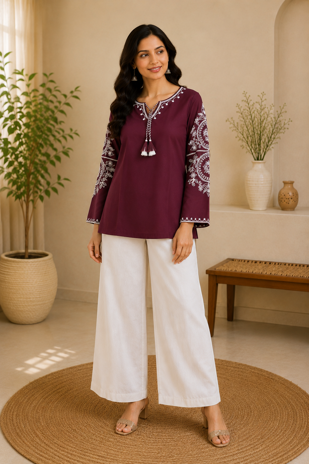 Wine Bloom Rayon Embroidered Flared Kurta