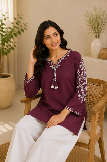 Wine Bloom Rayon Embroidered Flared Kurta