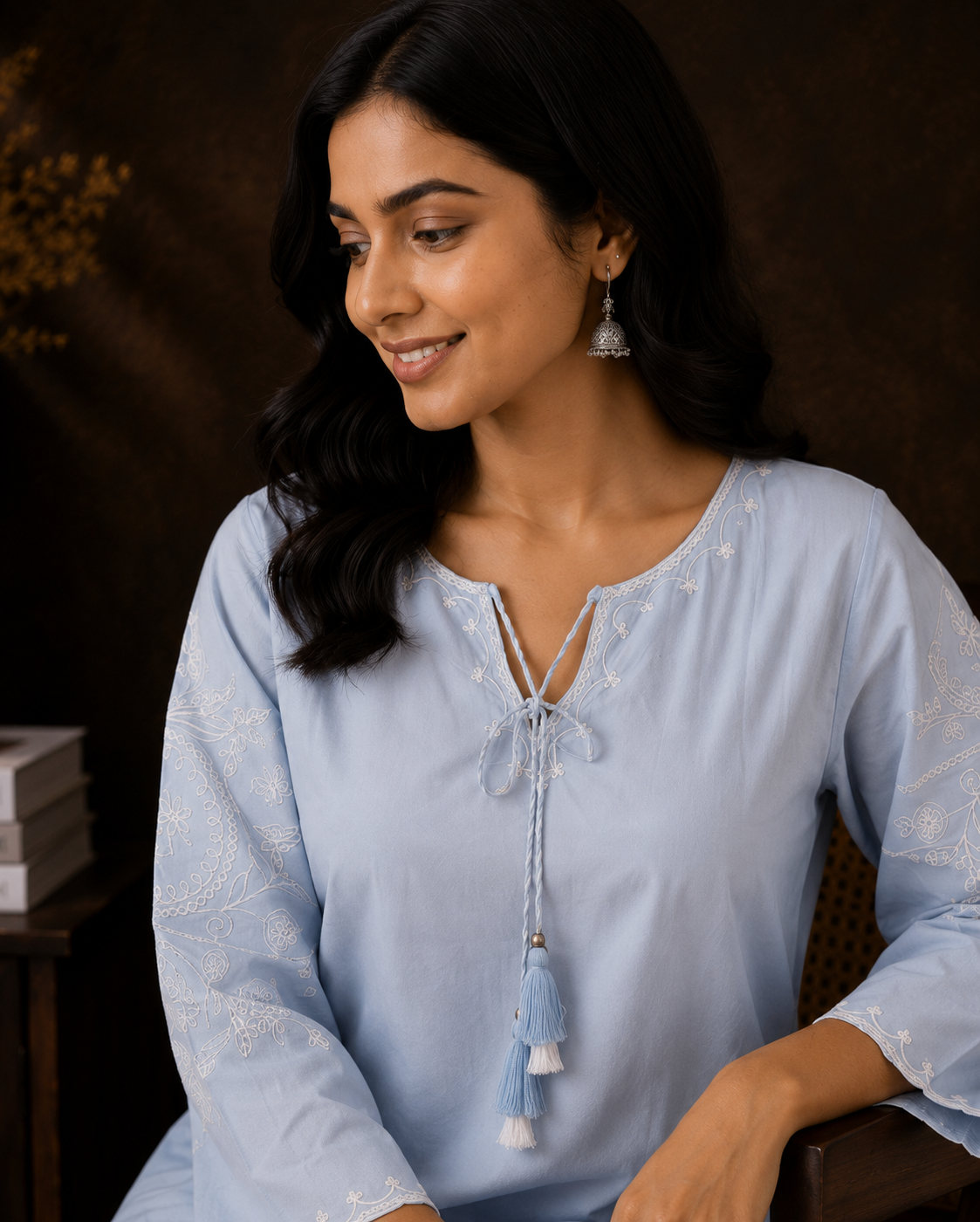 Sky Blue Rayon Embroidered Short Kurta with Tassel Detail