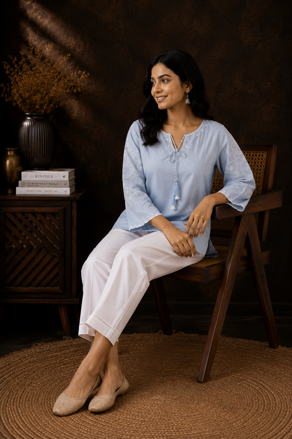 Sky Blue Rayon Embroidered Short Kurta with Tassel Detail