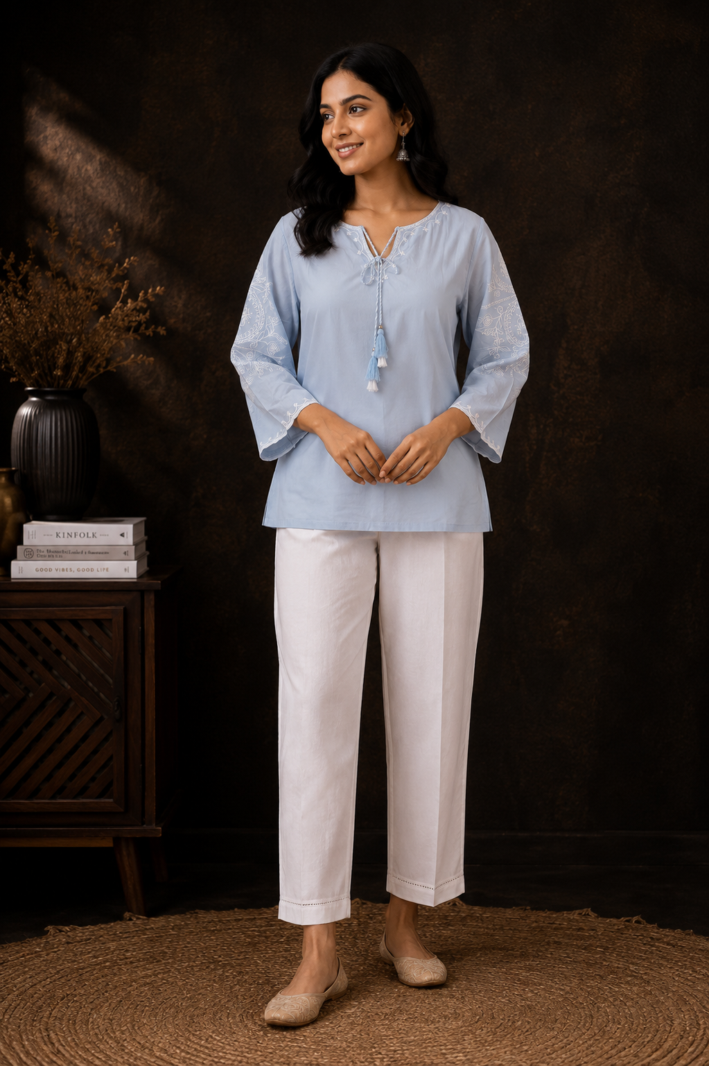 Sky Blue Rayon Embroidered Short Kurta with Tassel Detail