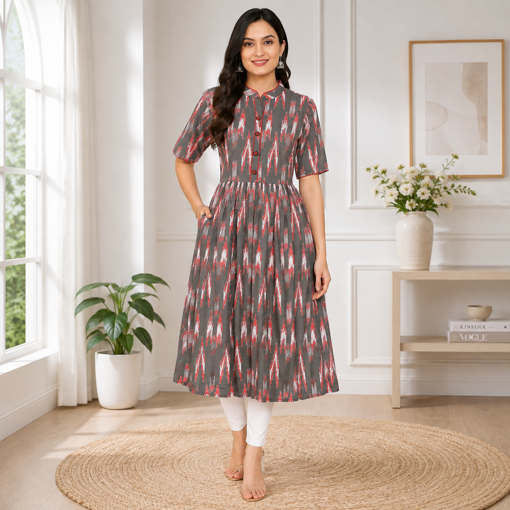 Women Grey & Red Printed Pure Cotton A-Line Kurta with Mandarin Collar | Cloth Bites