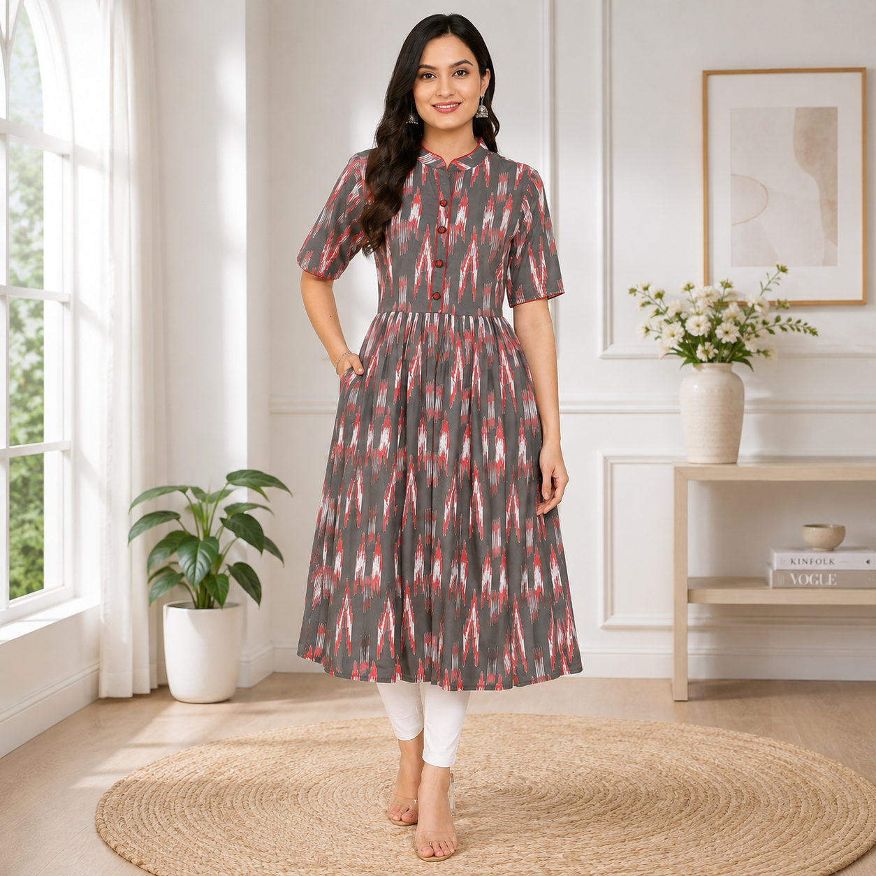 Women Grey & Red Printed Pure Cotton A-Line Kurta with Mandarin Collar | Cloth Bites