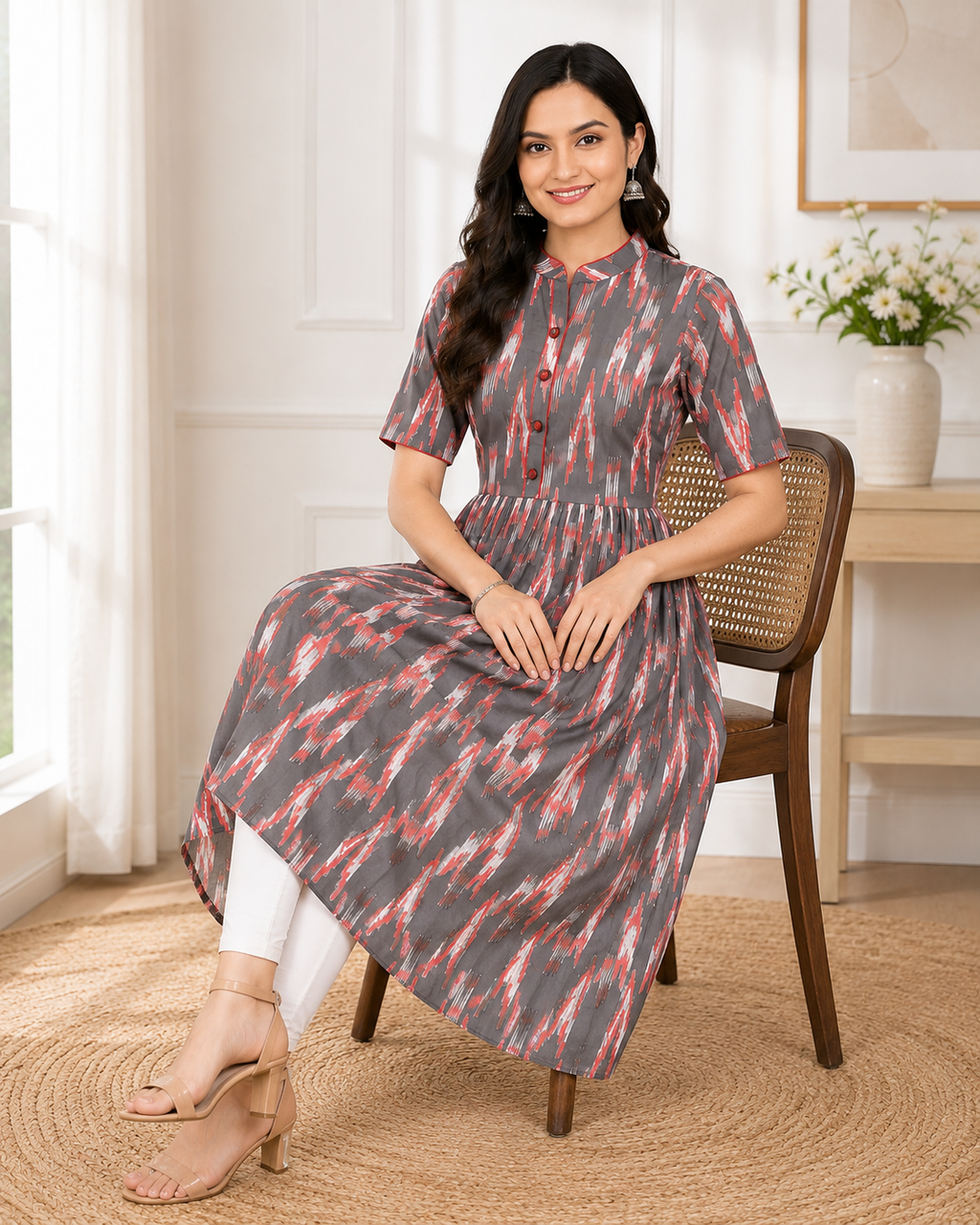 Women Grey & Red Printed Pure Cotton A-Line Kurta with Mandarin Collar | Cloth Bites