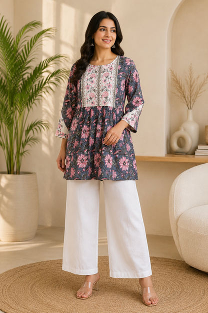 Navy Floral Embroidered Pure Cotton Flared Kurta