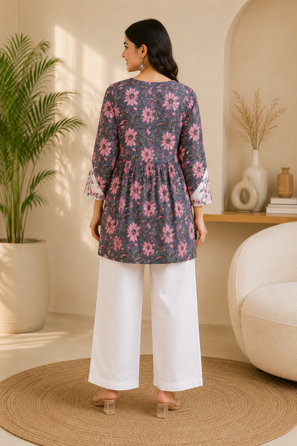 Navy Floral Embroidered Pure Cotton Flared Kurta
