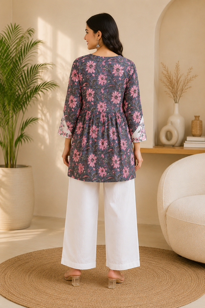 Navy Floral Embroidered Pure Cotton Flared Kurta