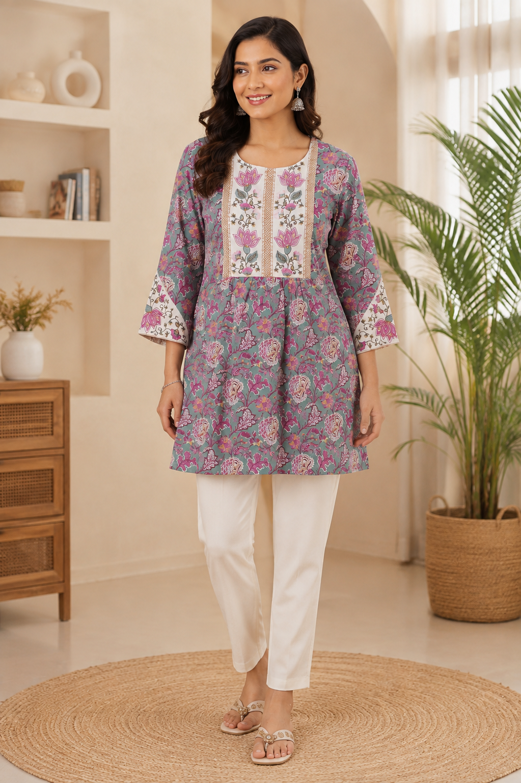 Pure Cotton 60x60 Floral Printed & Embroidered Kurta for Women