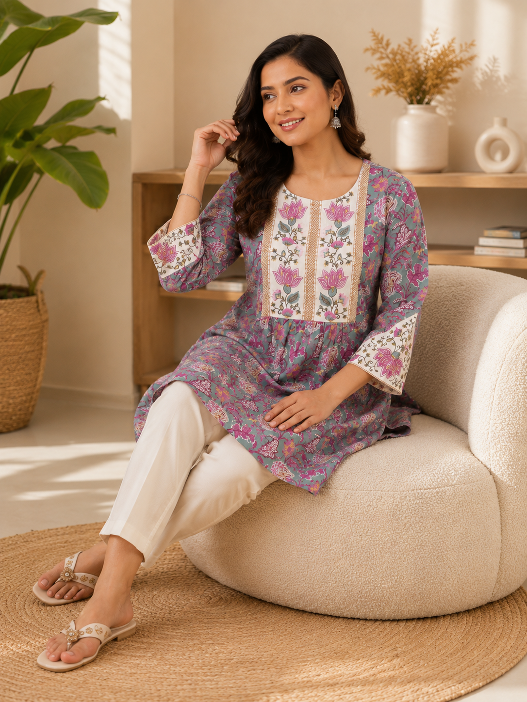 Pure Cotton 60x60 Floral Printed & Embroidered Kurta for Women