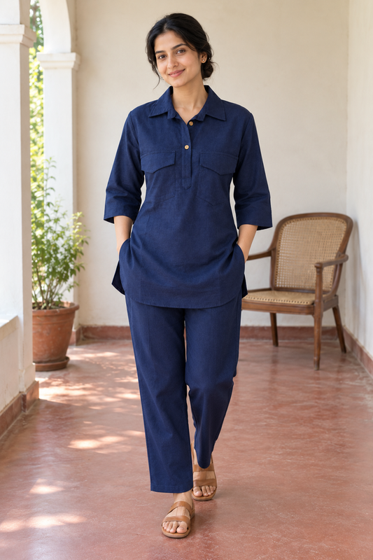 Navy Blue Pathani Coord Set
