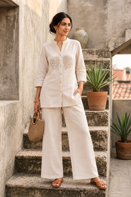 Cream Cotton Flex Embroidered Co-Ord Set for Women