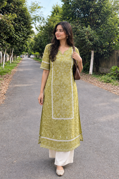 Women’s Olive Green Pure Cotton Printed Straight Kurta