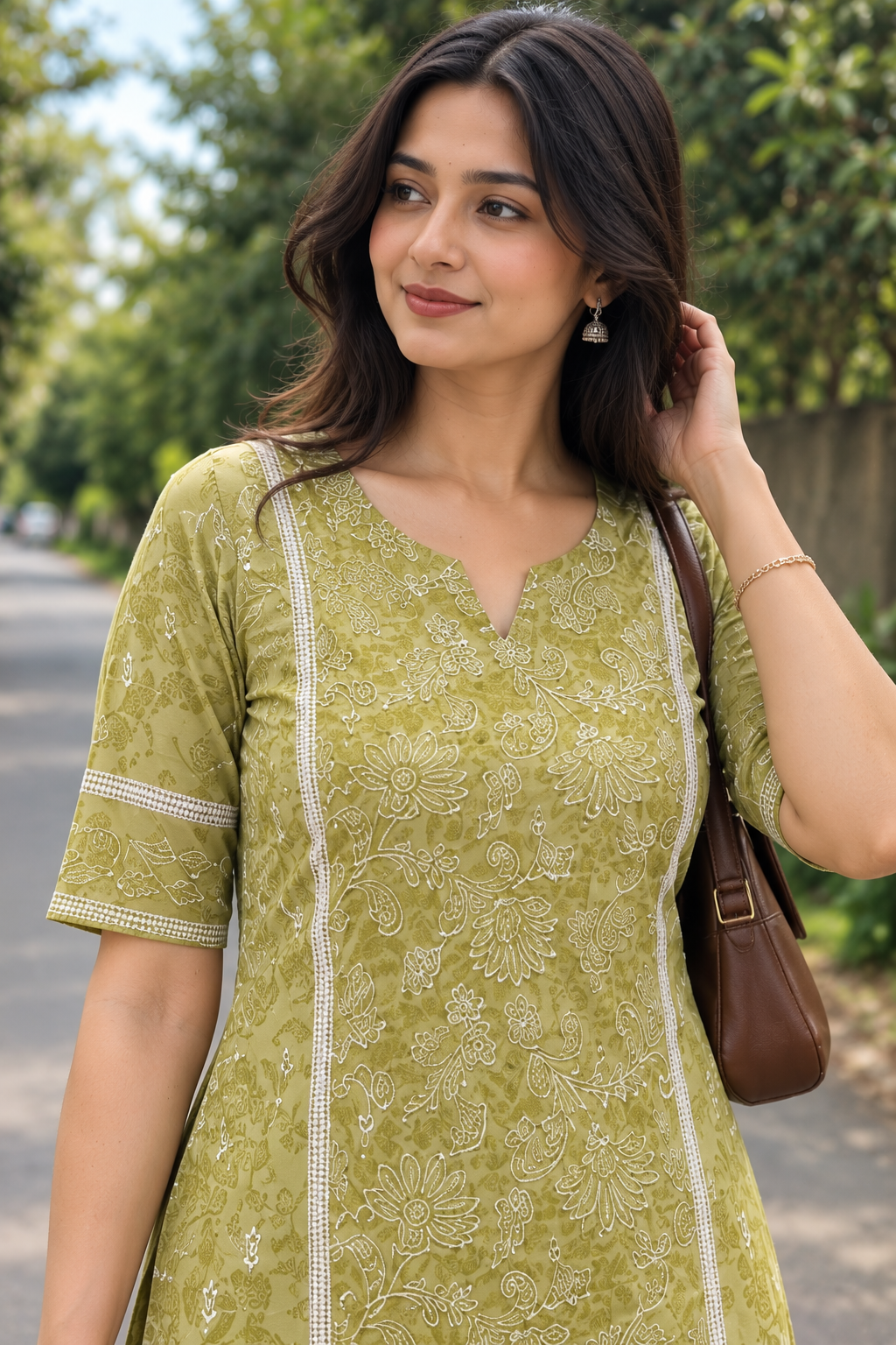 Women’s Olive Green Pure Cotton Printed Straight Kurta