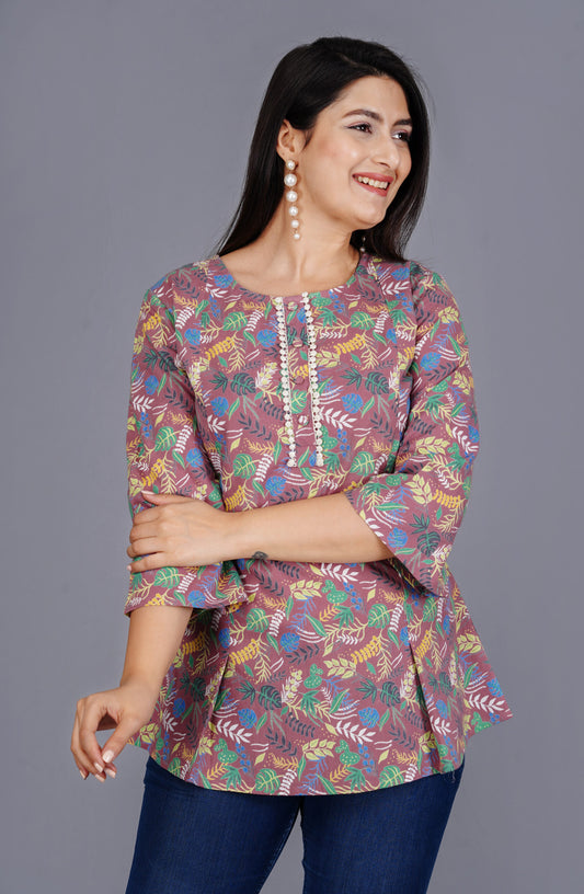 Round Neck Cotton Tops for Women | Pink