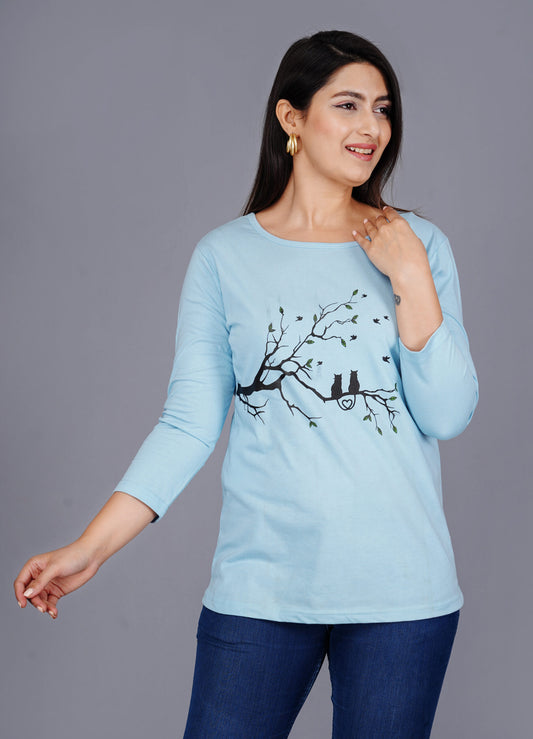 Cotton Printed Full Sleeve T-Shirts for Women - Blue