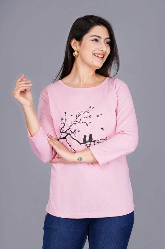 Cotton Printed Full Sleeve T-Shirts for Women - Pink