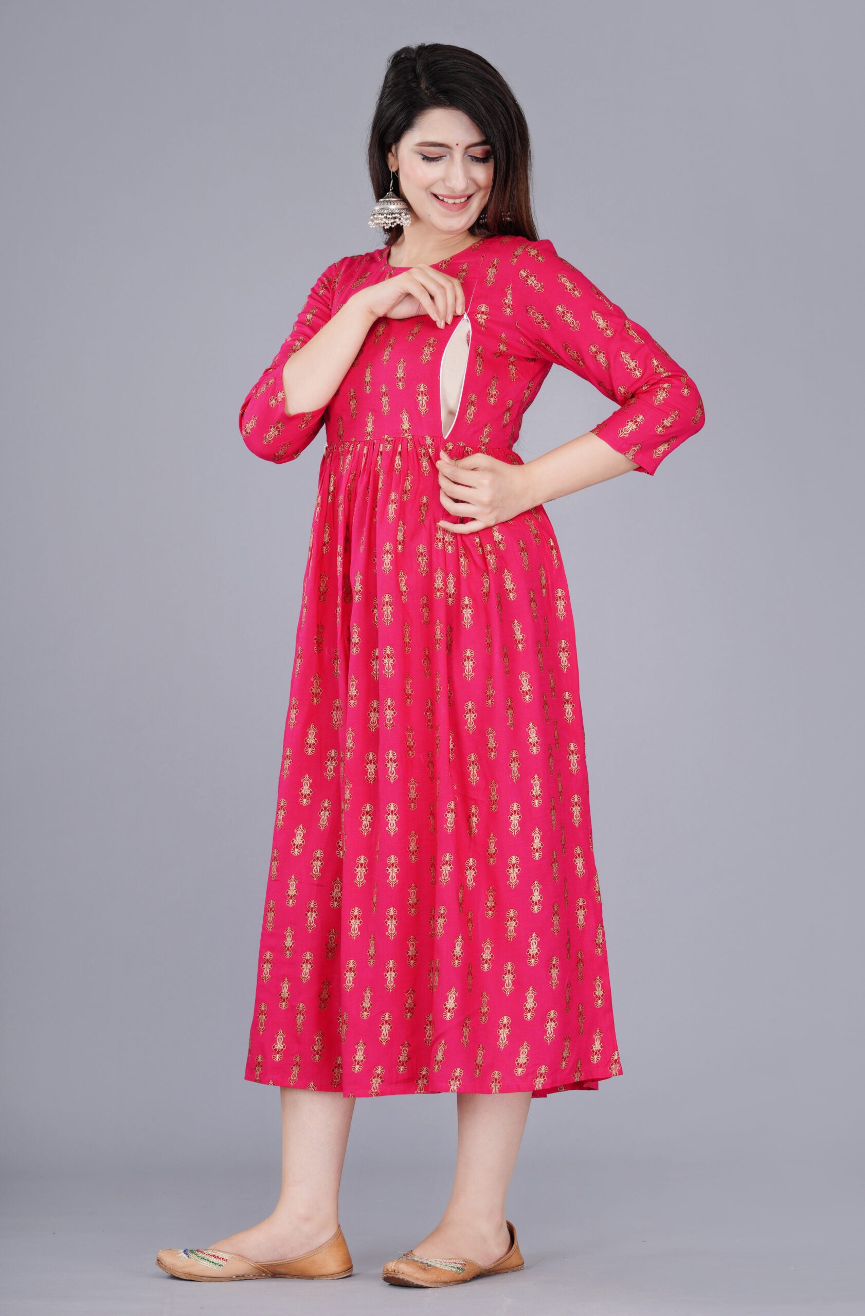 3/4 Sleeve Rayon Full Length Maternity Gowns - Red