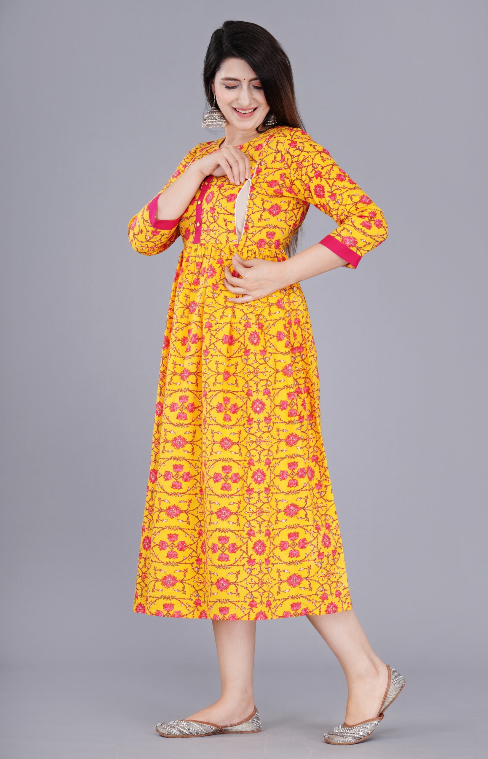 3/4 Sleeve Rayon Full Length Maternity Gowns - Yellow