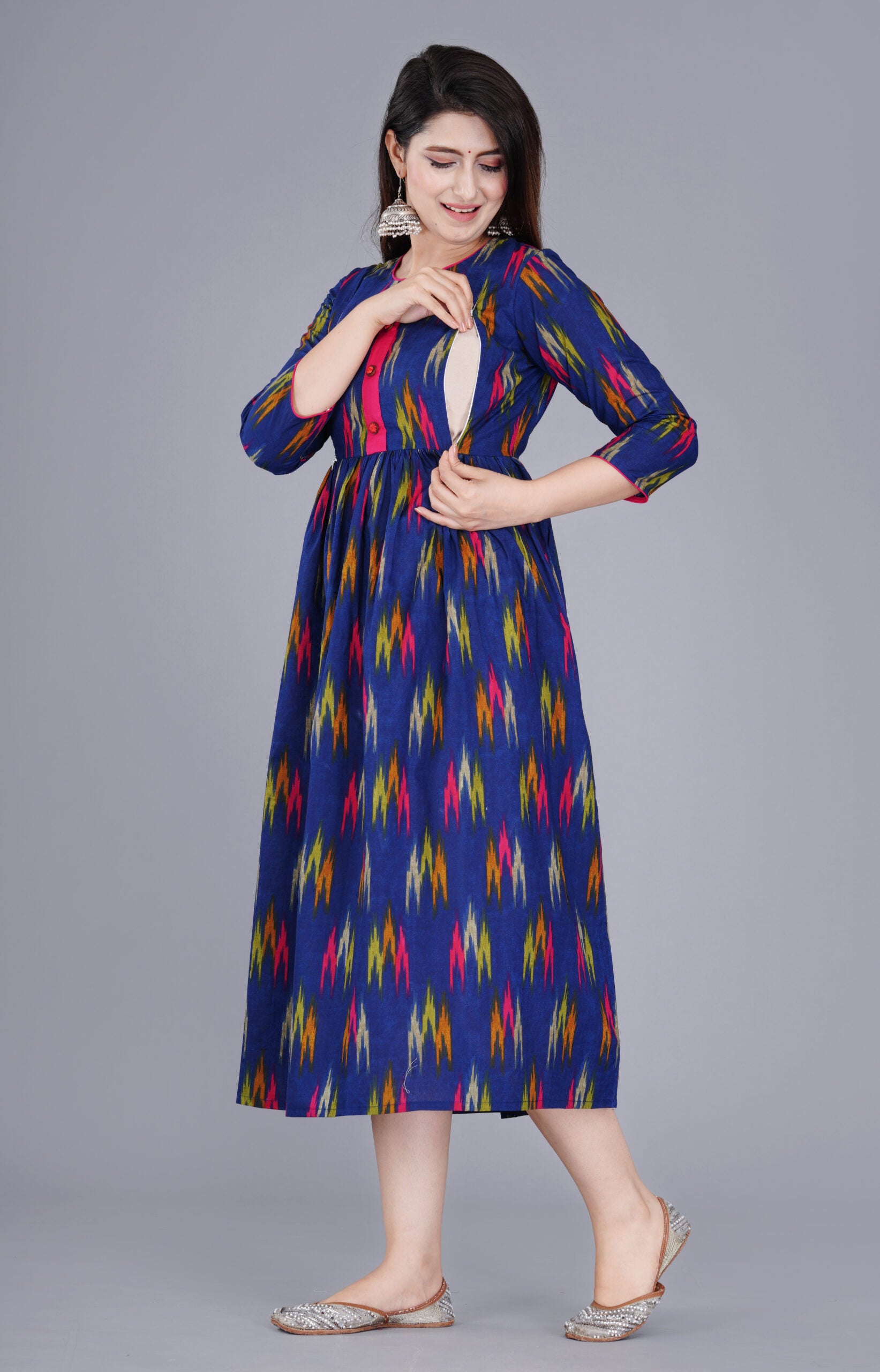 3/4 Sleeve Rayon Full Length Maternity Gowns - Blue