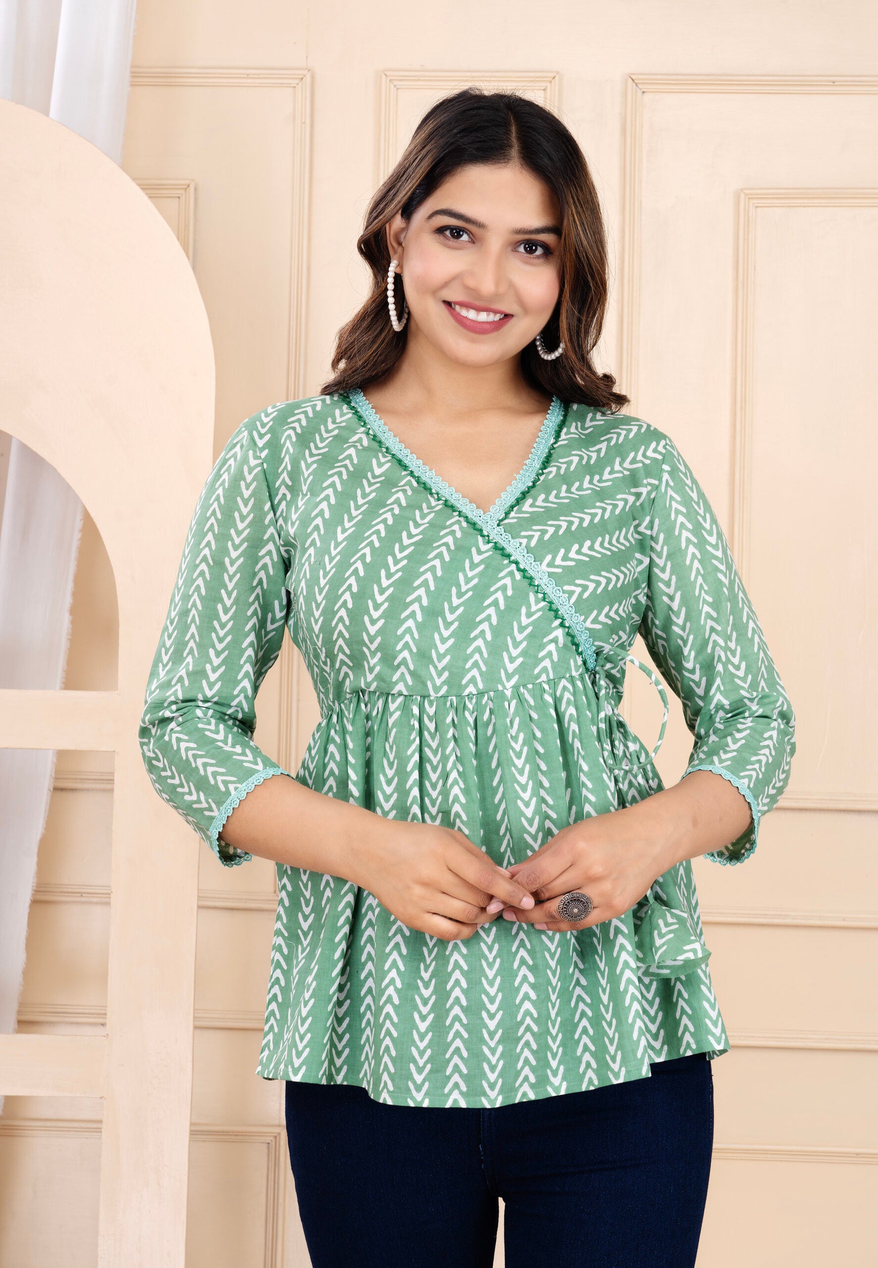 Stylish & Comfortable V-Neck Cotton Tops for Women | Green
