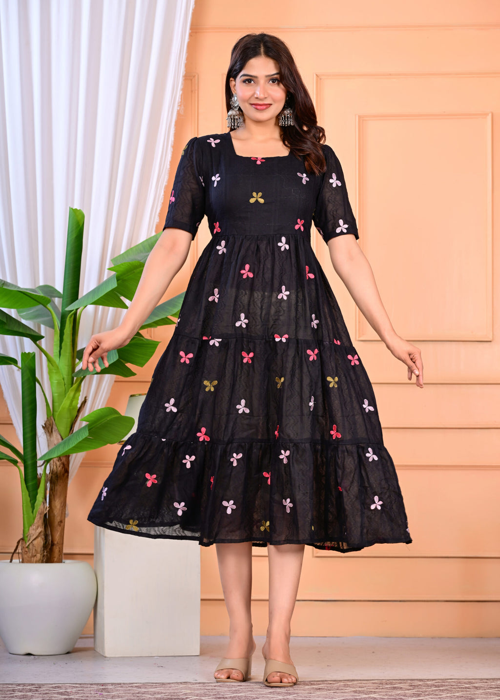 Women Embroidered Fit & Flare Midi Dress | Black