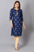 Rayon Straight Kurta for Woman Foil Print Round Neck Kurti Knee Lenght Kurti with 3/4 Sleeves | Blue