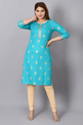 Rayon Straight Kurta for Woman Foil Print Round Neck Kurti Knee Lenght Kurti with 3/4 Sleeves | Turquise