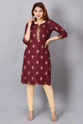 Rayon Straight Kurta for Woman Foil Print Round Neck Kurti Knee Lenght Kurti with 3/4 Sleeves | Maroon