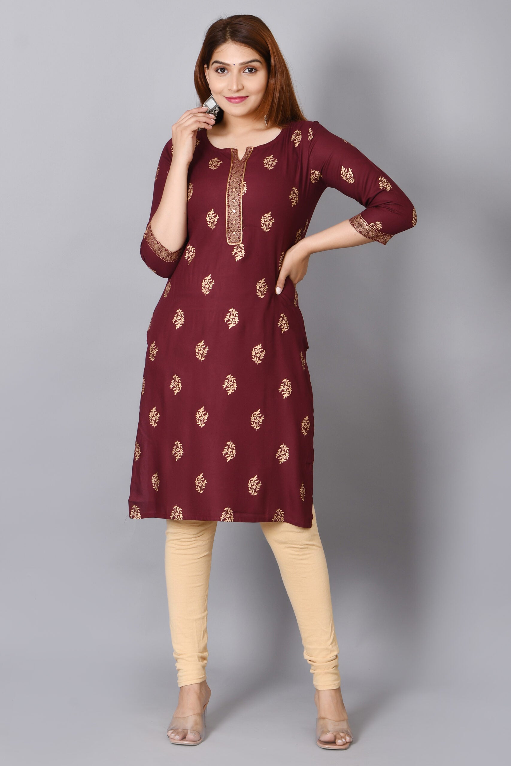Rayon Straight Kurta for Woman Foil Print Round Neck Kurti Knee Lenght Kurti with 3/4 Sleeves | Maroon