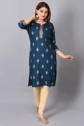 Rayon Straight Kurta for Woman Foil Print Round Neck Kurti Knee Lenght Kurti with 3/4 Sleeves | Teal Blue
