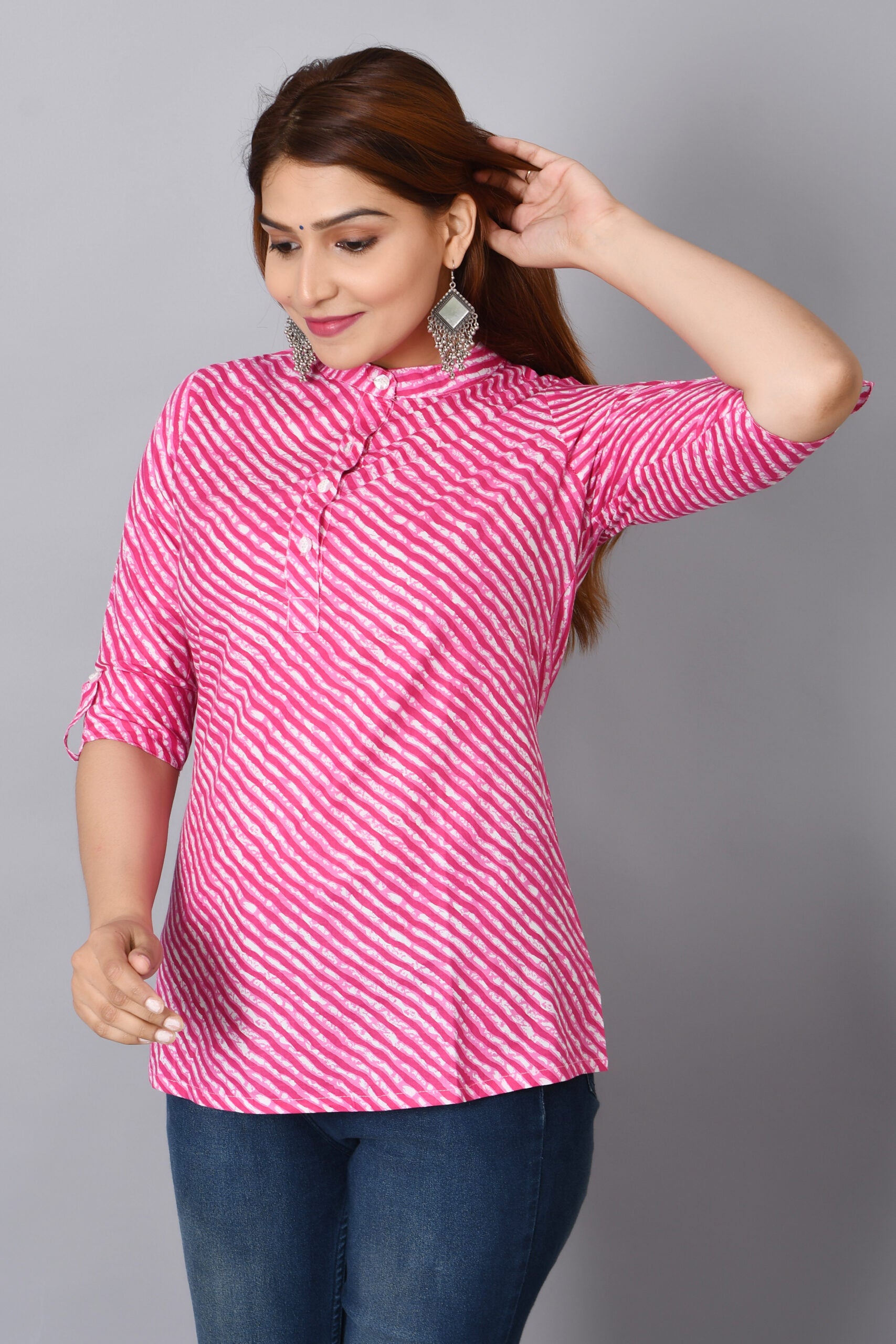 Cotton Rajasthani Short Leheriya Kurti | Pink