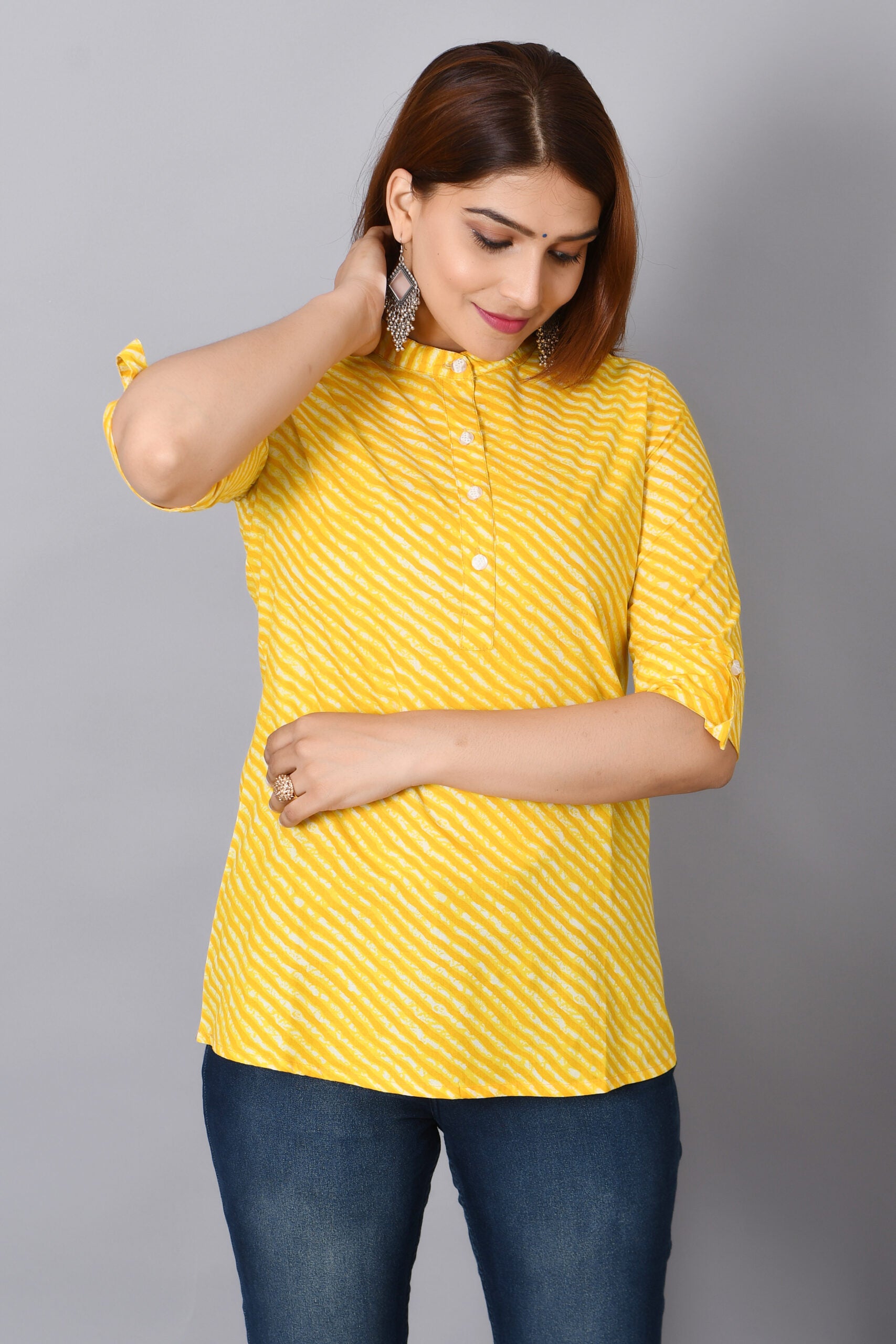 Cotton Rajasthani Short Leheriya Kurti | Yellow