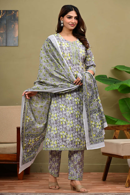 Floral Printed Pure Cotton Kurta with Trousers & Dupatta