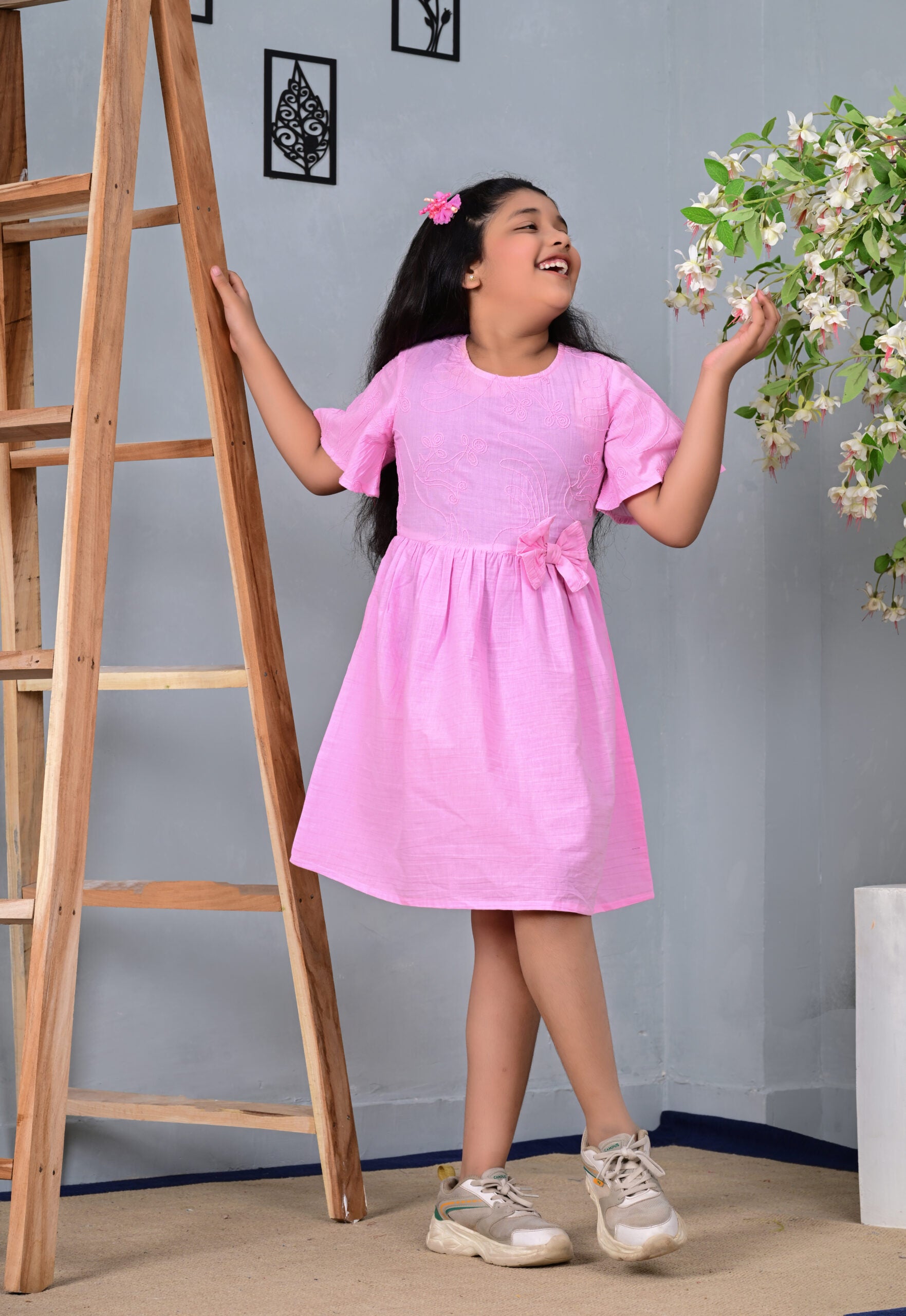 Embroidered Bell Sleeve Kids Dress for Girls - Pink