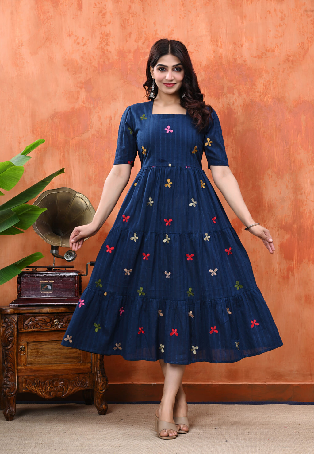 Women Embroidered Fit & Flare Midi Dress | Blue