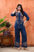 Pure Cotton Tunics Top With Palazzo Co-ord Set for Women | Navy Blue