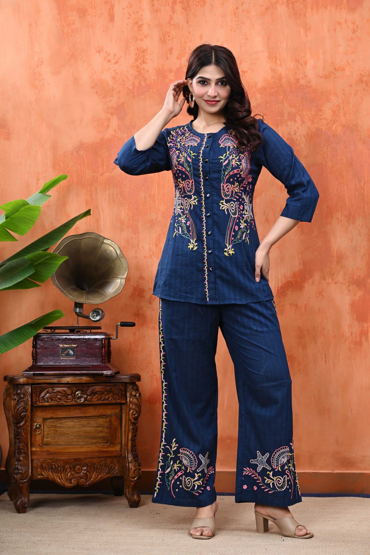 Floral Cotton Embroidered Top with Palazzos | Navy Blue