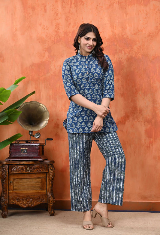 Pure Cotton Tunics Top With Palazzo Co-ord Set for Women | Blue
